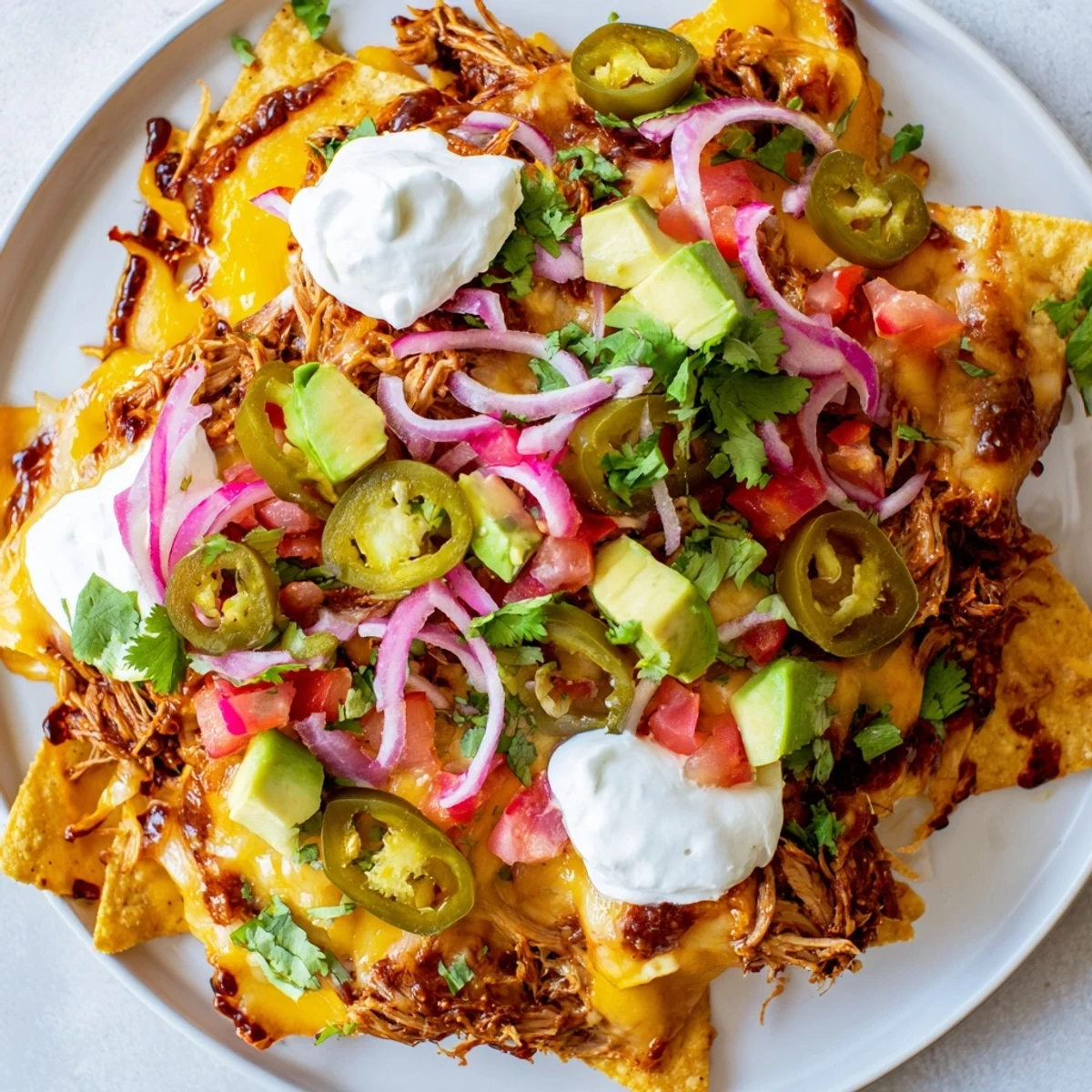 Warm, cheesy Loaded Nachos with pulled pork, a messy pile of delicious Tex-Mex flavors.