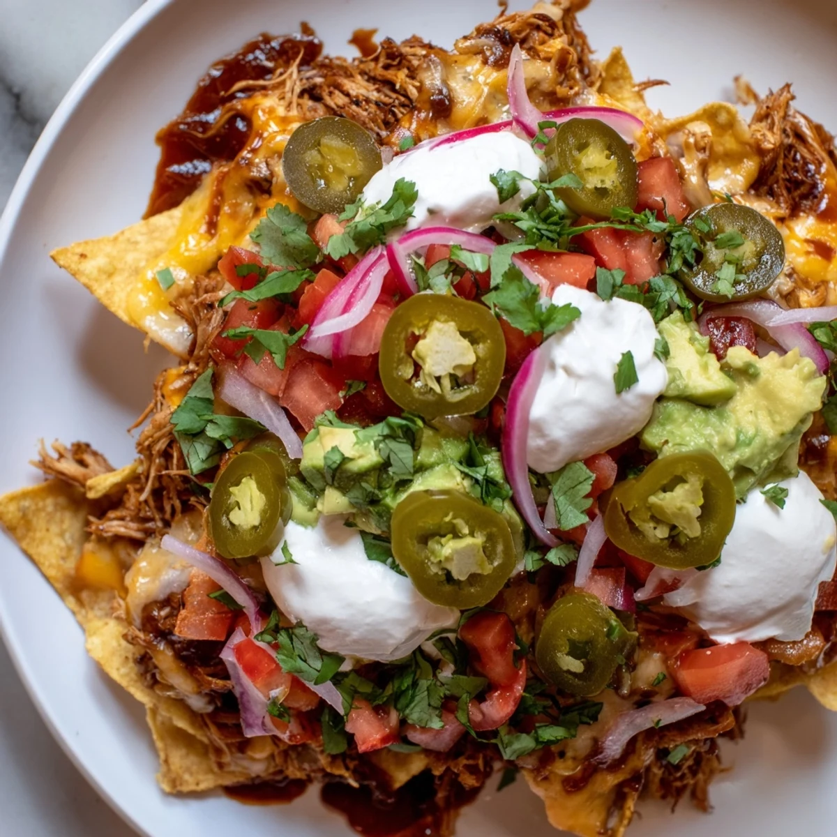 Golden-brown tortilla chips topped generously with flavorful pulled pork make the best loaded nachos.