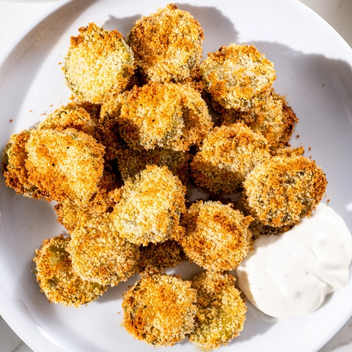 Golden, crispy fried pickles, a delicious appetizer ready for dipping in creamy ranch.