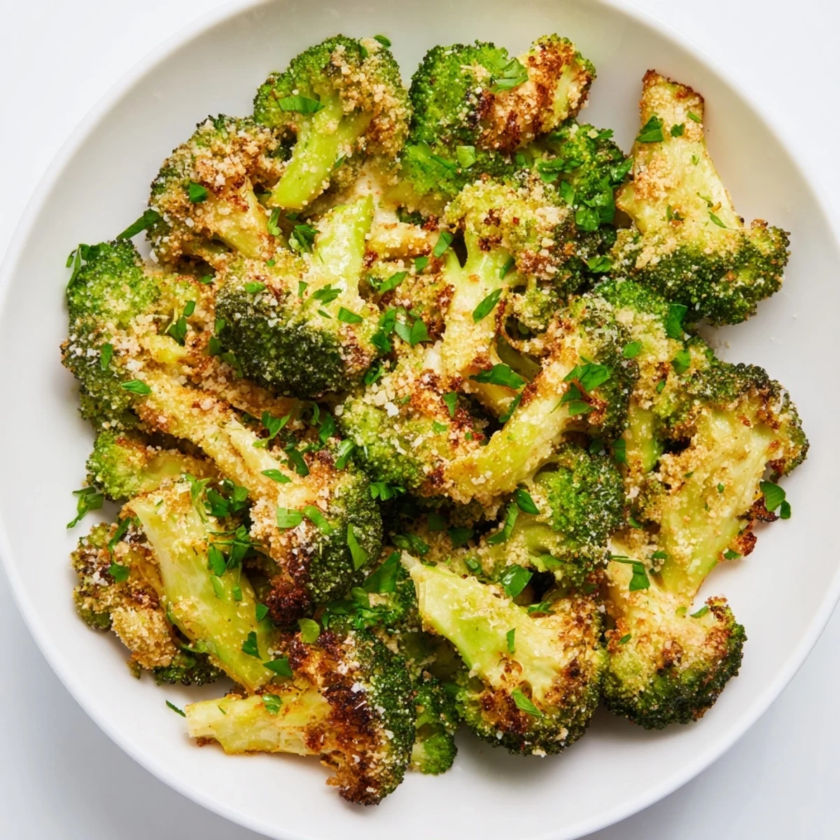 Golden and crispy Garlic Parmesan Roasted Broccoli, ready to serve as a flavorful side dish.