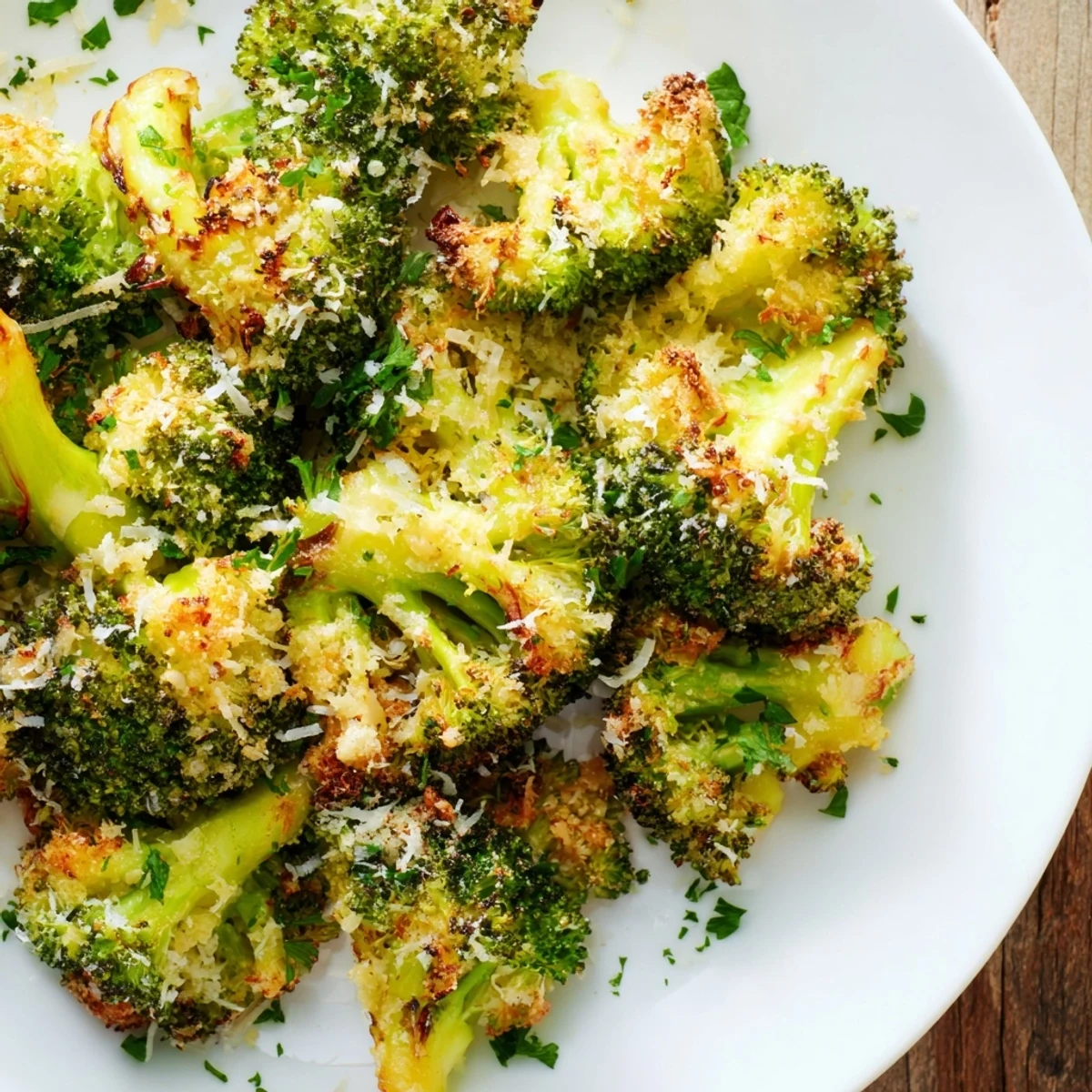 A close-up of perfectly roasted Garlic Parmesan Roasted Broccoli, showcasing cheesy, savory goodness.