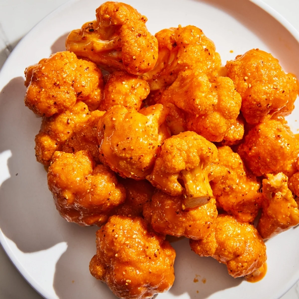 Golden-brown Buffalo Cauliflower Bites ready to eat, served with fresh celery and cool ranch.