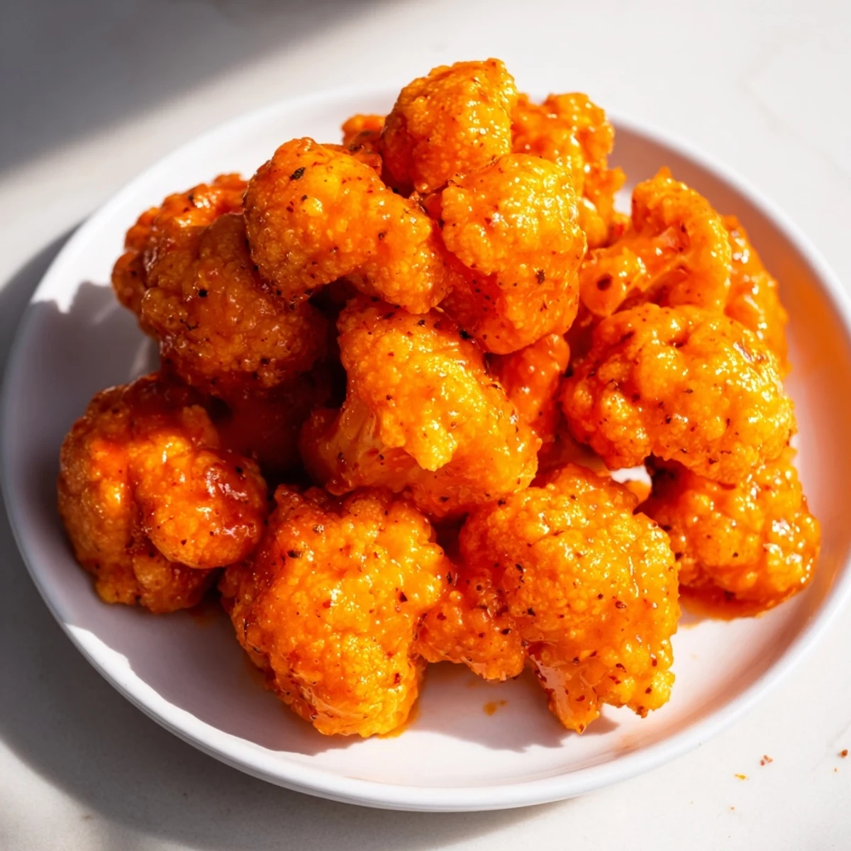 Spicy and crispy Buffalo Cauliflower Bites coated in a vibrant, homemade buffalo sauce, perfect as an appetizer.