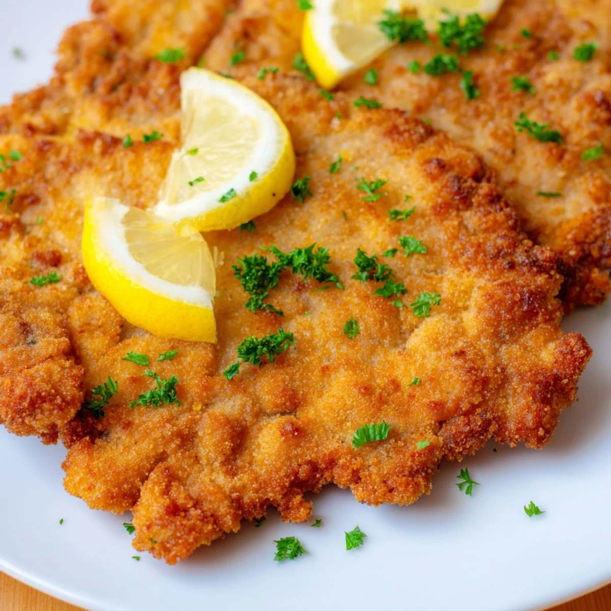 Close-up of a crispy Austrian Wiener Schnitzel, a flavorful classic, ready to be served and enjoyed.