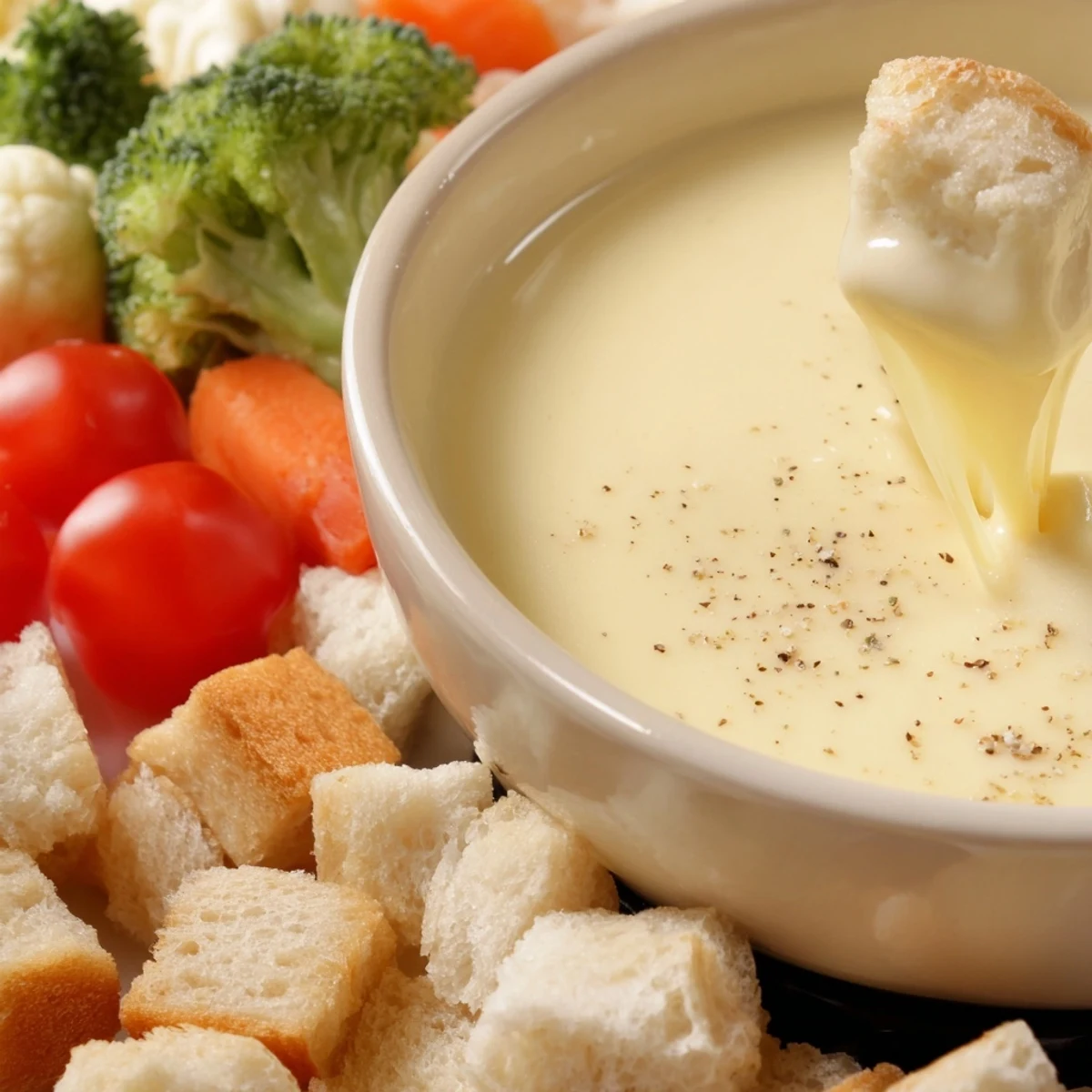 Creamy Swiss cheese fondue with crusty bread cubes and fresh vegetables ready for dipping.