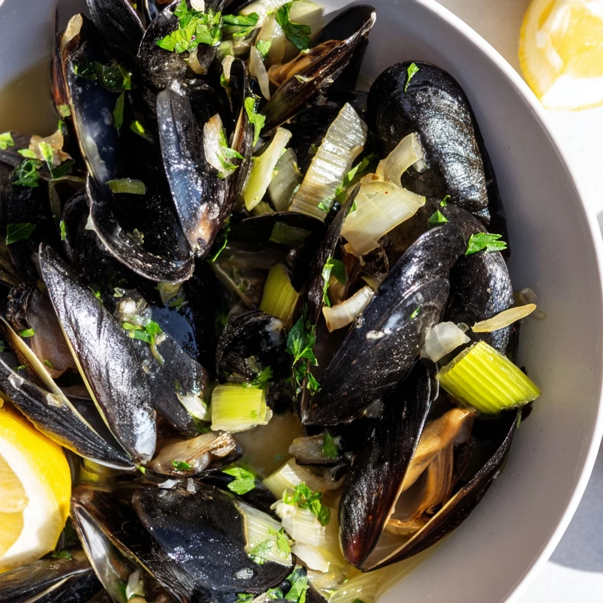 Steaming Belgian Moules Marinière with fragrant herbs and garlic, ready to serve with crusty bread.