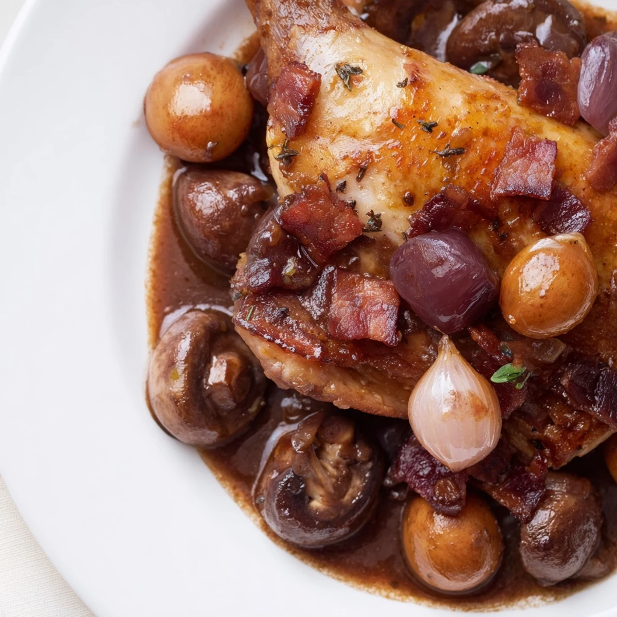 Coq au Vin: A hearty stew with tender chicken and mushrooms, simmering in a rich red wine sauce.