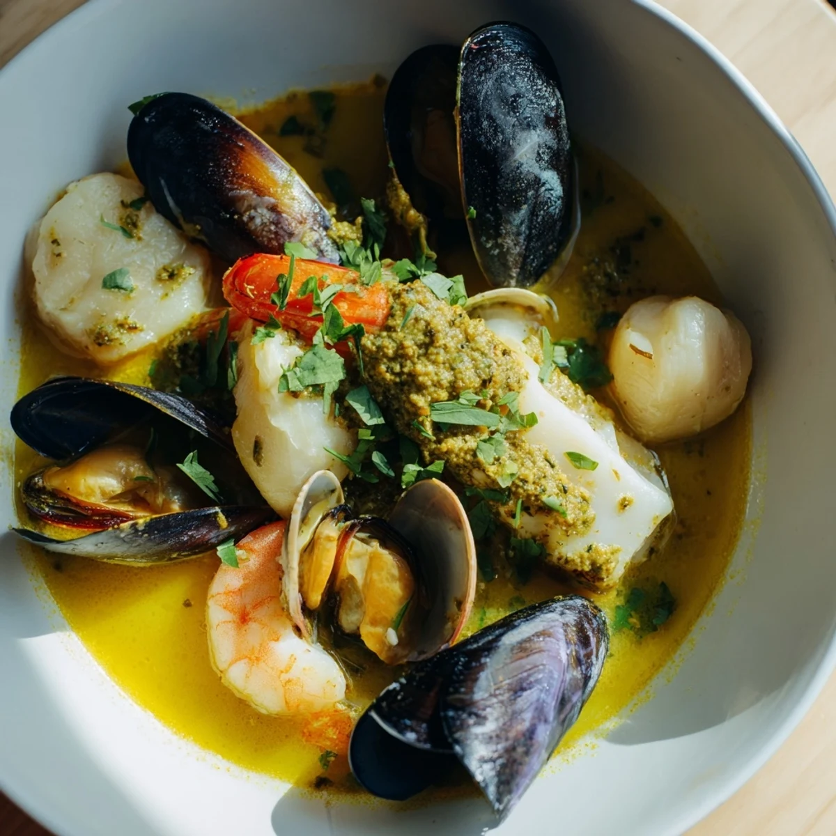 A steaming bowl of bouillabaisse with colorful seafood and rouille, a true French classic.