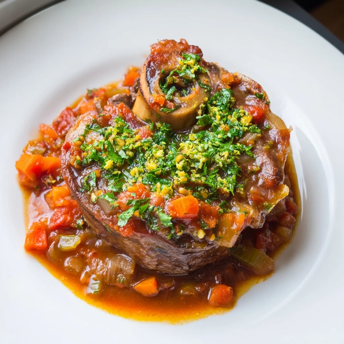 Tender Osso Buco served in a savory tomato sauce, with a vibrant gremolata garnish, ready for sharing.