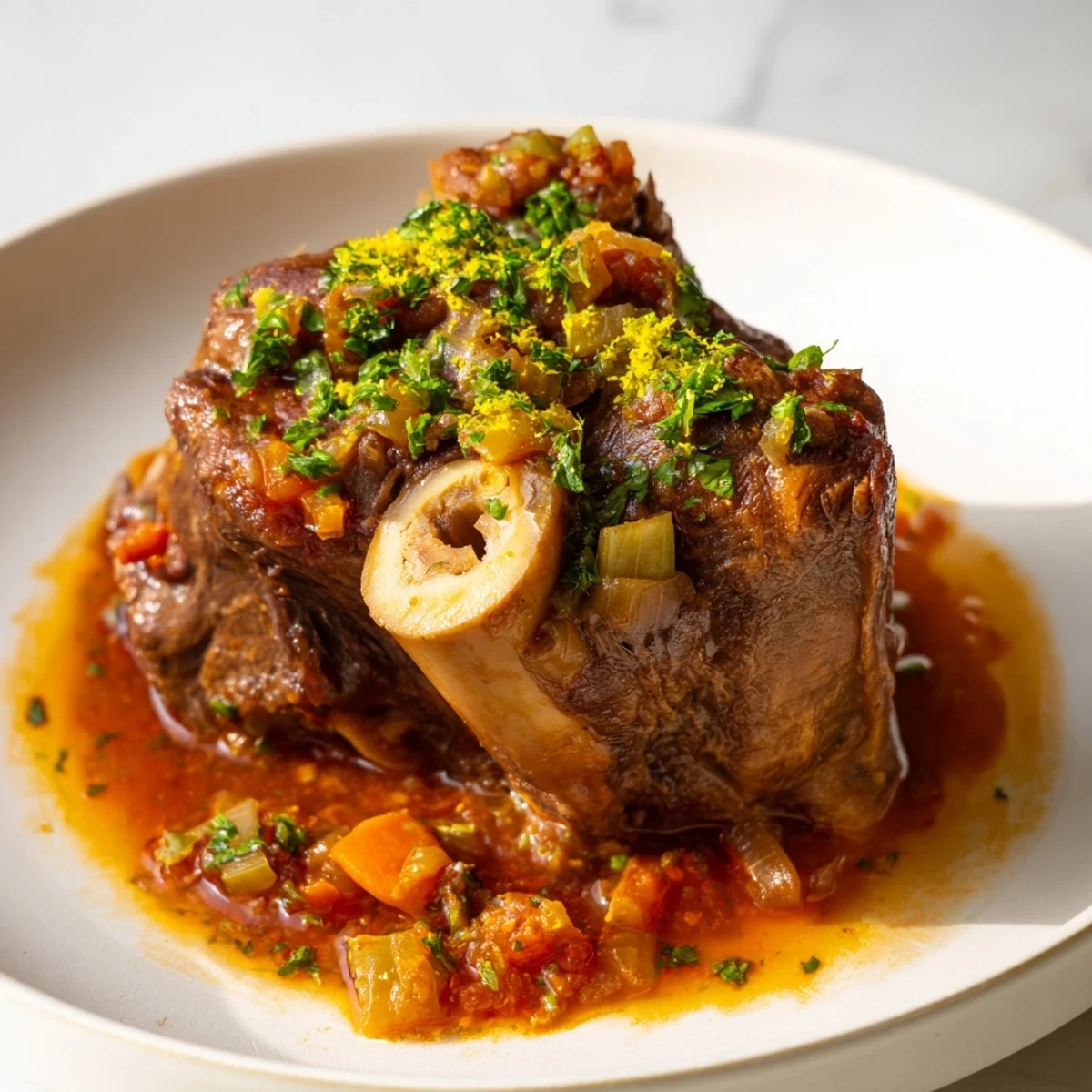 Fork-tender veal shanks in a rich tomato braise: this delicious Osso Buco dish is a comforting classic.