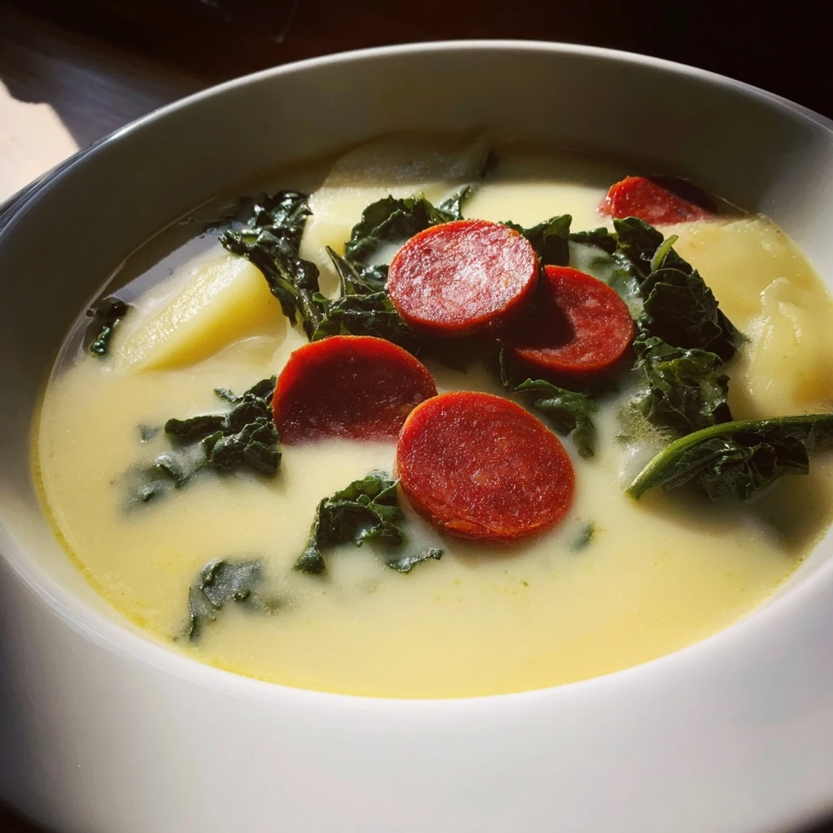 Steaming bowl of Portuguese Caldo Verde, featuring vibrant green kale and flavorful chorizo visible.