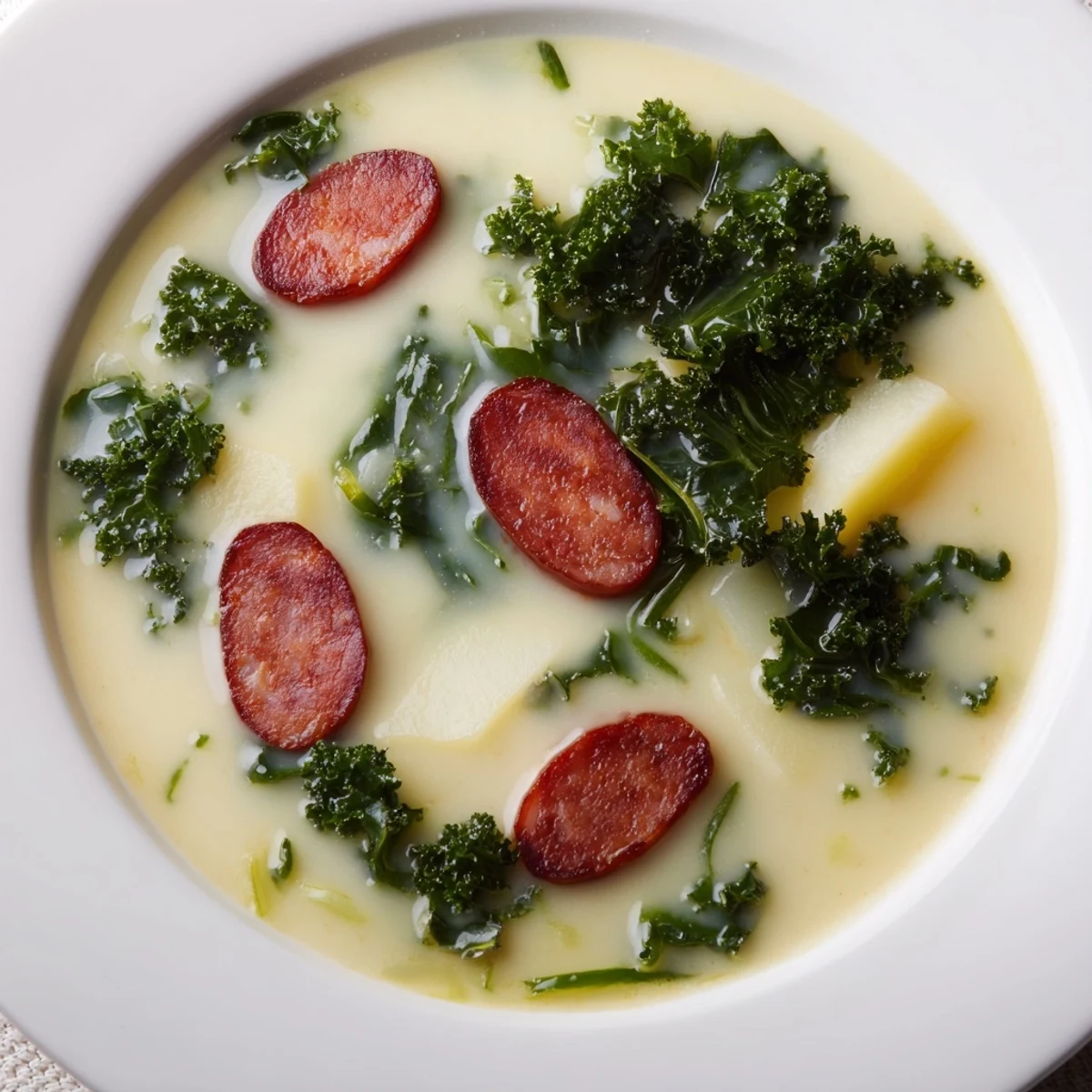 Creamy, smooth Portuguese Caldo Verde soup, with hearty potatoes and savory sausage, ready to serve.