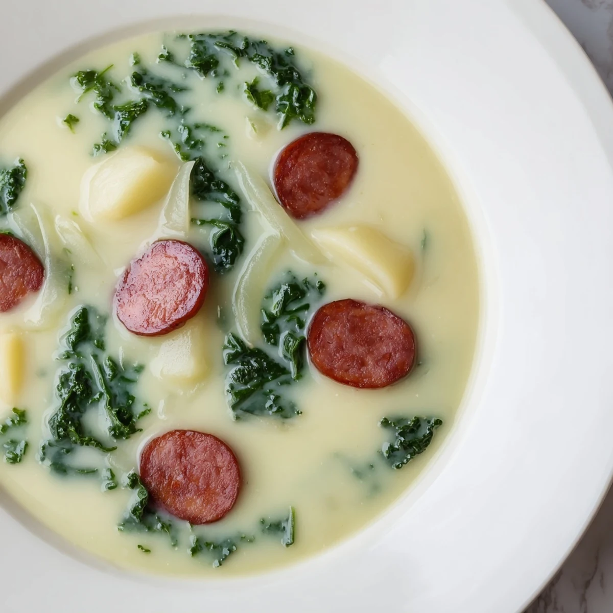 A close-up view of a flavorful Portuguese Caldo Verde, smelling of garlic and spices, ready to eat.