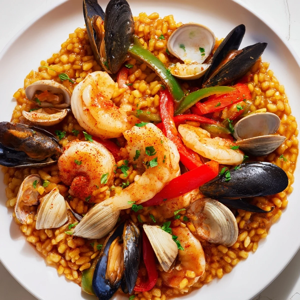 Golden-hued Spanish Seafood Paella, fragrant and flavorful, a beautiful and inviting culinary masterpiece.
