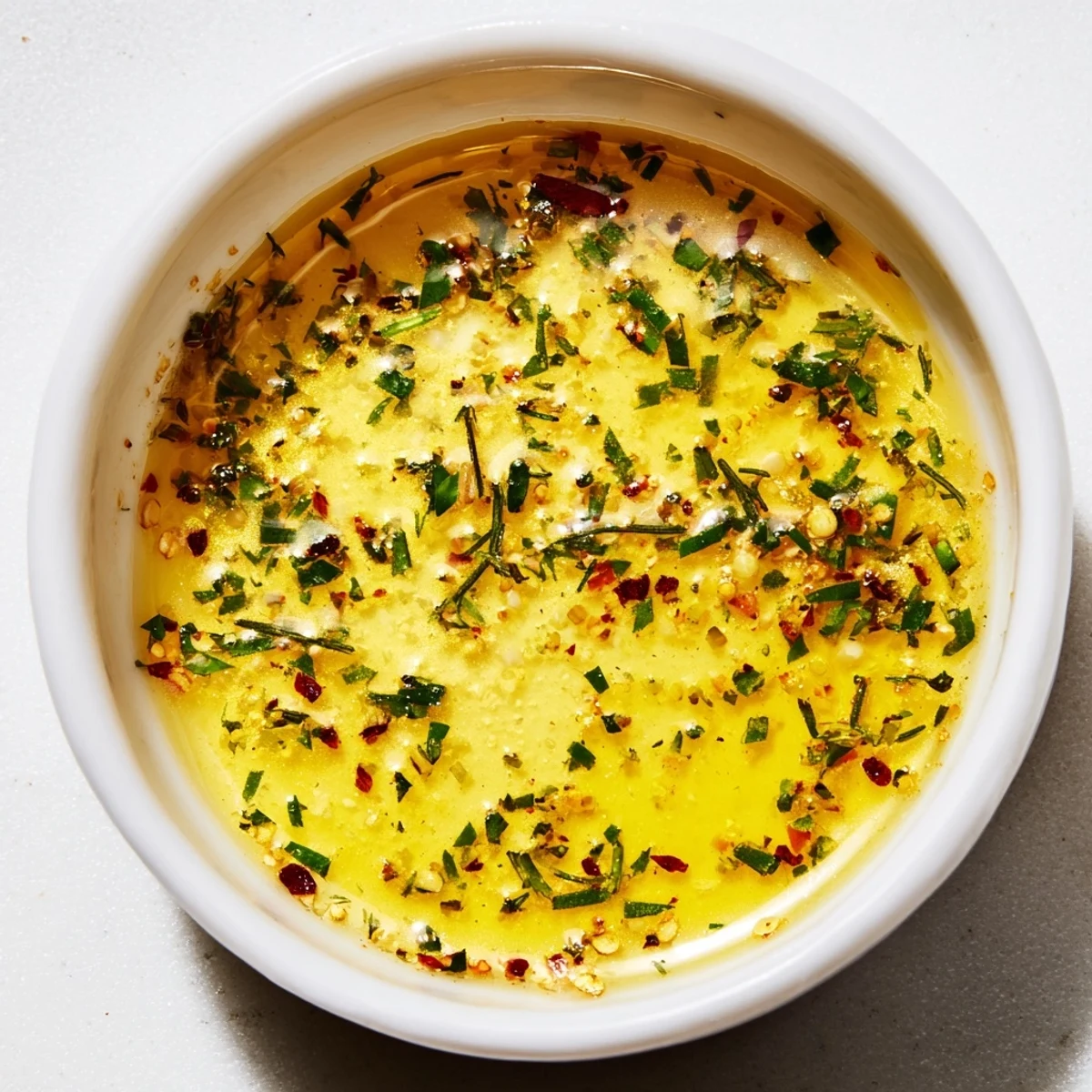 Warm Cowboy Butter Sauce drizzled over steamed broccoli and a grilled steak slice, showcasing its rich, golden color.