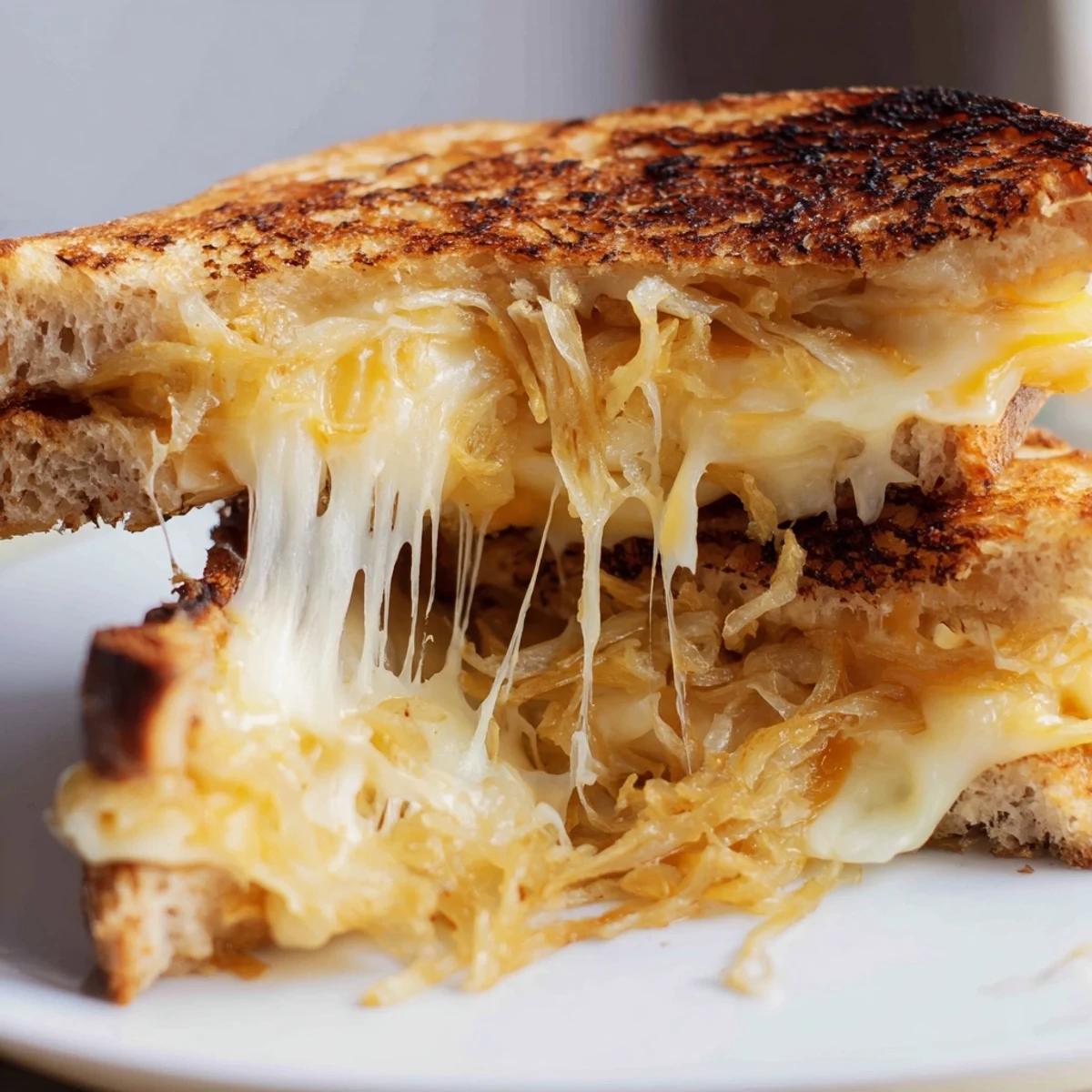 Golden, crispy fried onions melt into gooey cheddar and mozzarella inside buttery toasted sourdough slices of Crispy Onion Grilled Cheese.  