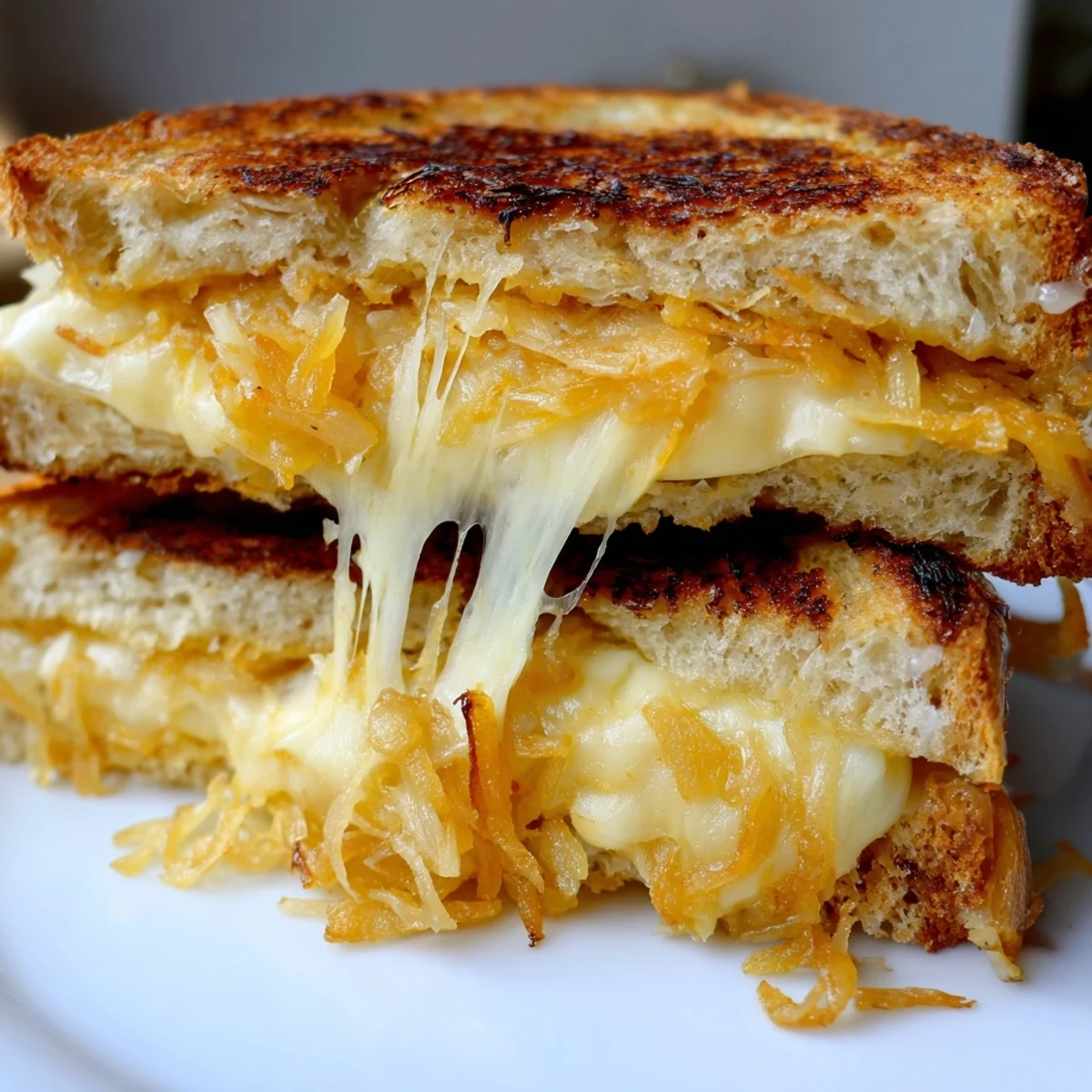 A vegetarian American Crispy Onion Grilled Cheese sandwich on golden sourdough, layered with melted cheddar, mozzarella, and crunchy fried onions.  
