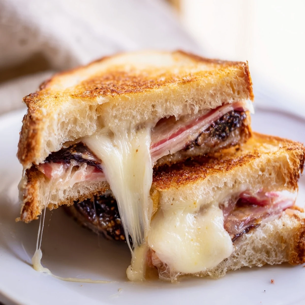 Rustic Italian bread toasted to perfection for a Crispy Prosciutto & Fig Panini, paired with a glass of white wine.