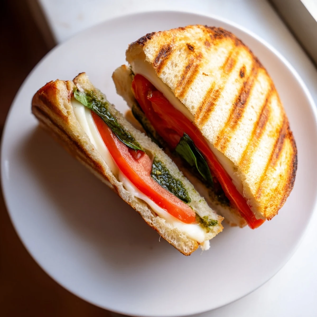 Golden, crispy panini press innovations featuring melted mozzarella, fresh tomato slices, and fragrant basil pesto on toasted sourdough.  