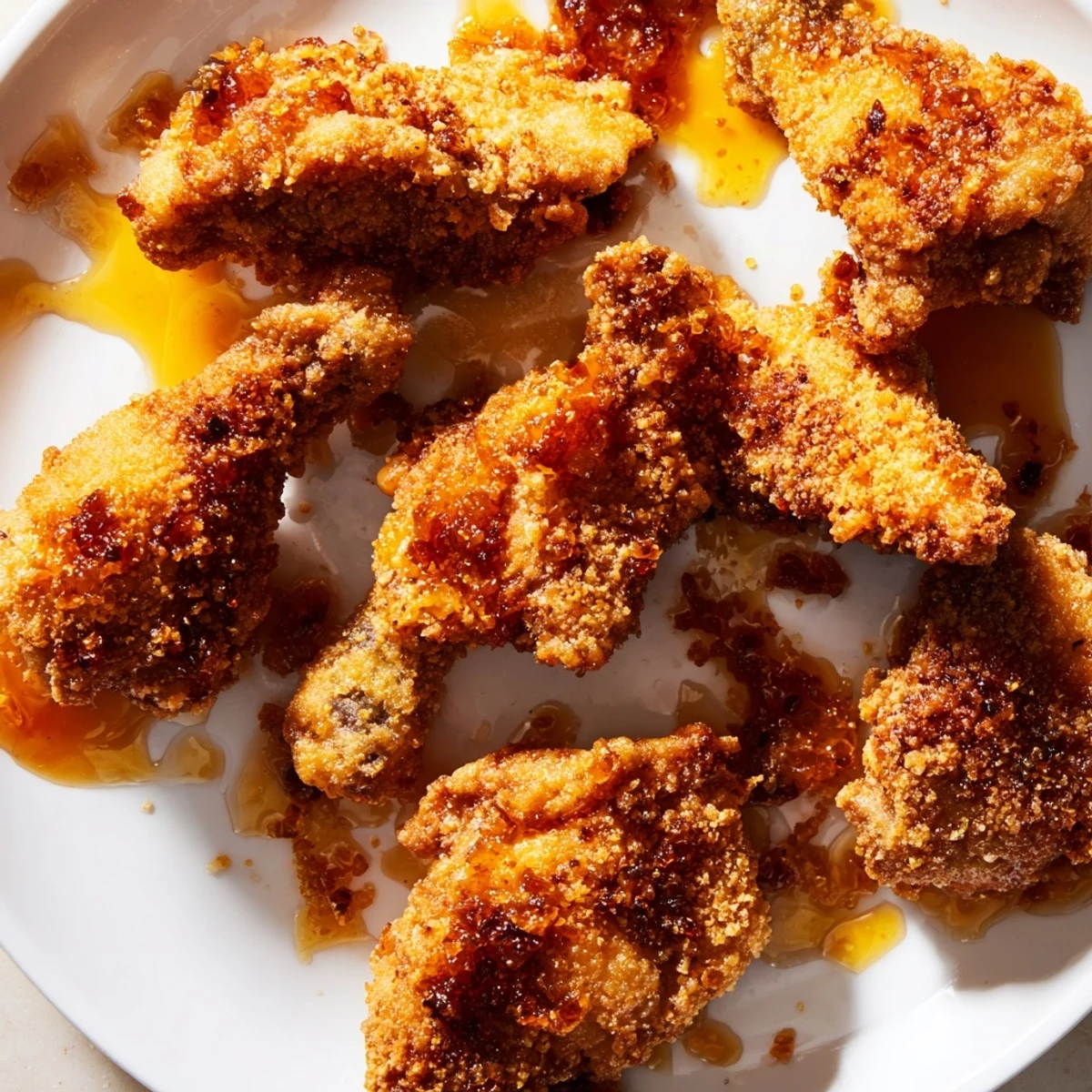 Golden brown crispy fried chicken thighs tossed in a luscious hot honey butter sauce, glistening with sweet heat on a rustic plate.