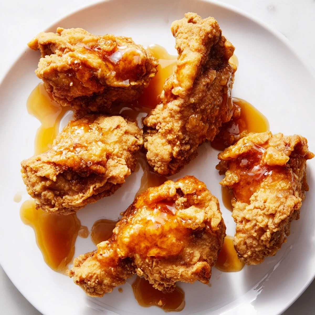 Savory fried chicken pieces coated in sticky, spicy honey butter glaze, garnished with fresh parsley and ready to be served hot.