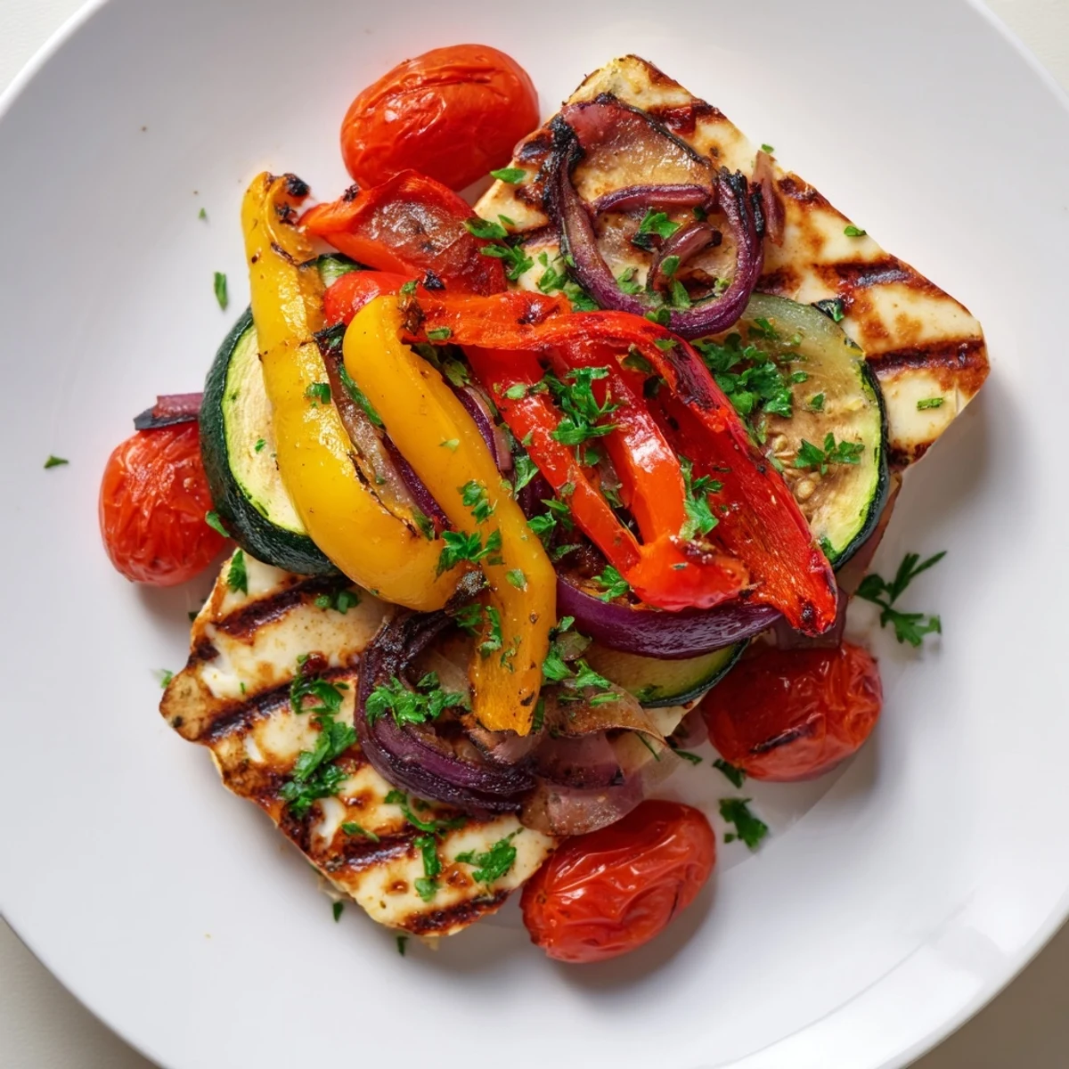 Golden-brown grilled halloumi cheese steak slices topped with vibrant grilled bell peppers, zucchini, and red onion, garnished with fresh parsley and lemon wedges.  