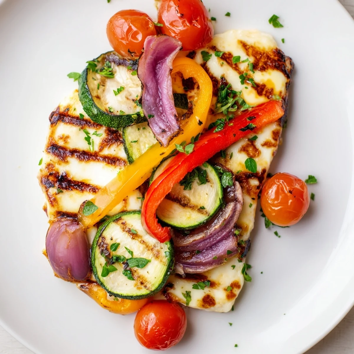 A close-up of a vegetarian halloumi cheese steak hot off the grill, featuring charred vegetable medley and glistening olive oil drizzle on a rustic platter.  