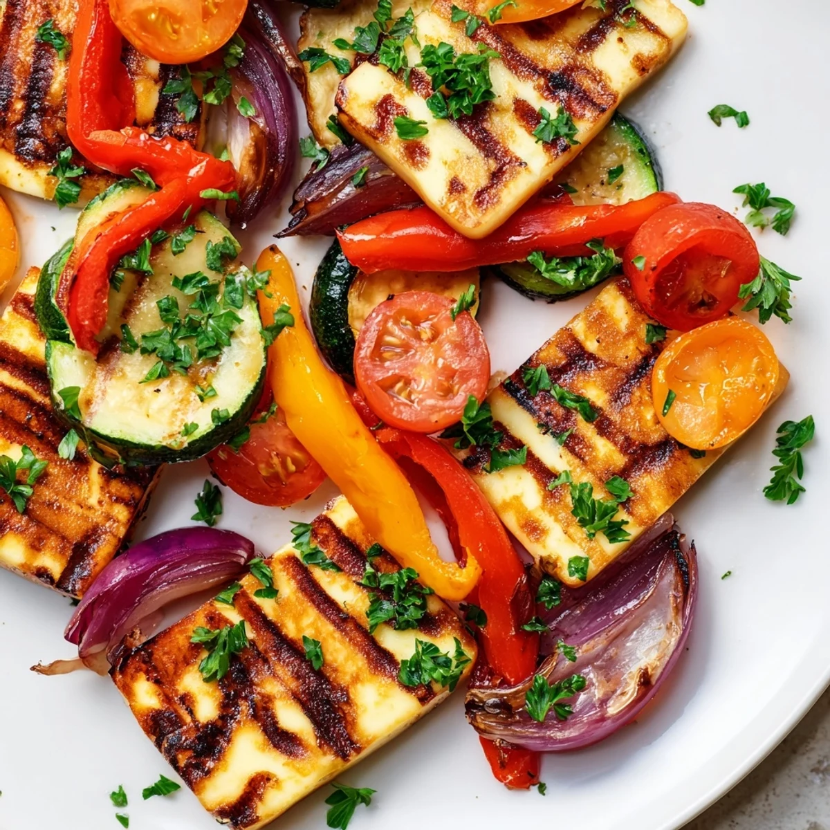 Hearty Mediterranean halloumi cheese steak serving for four, with colorful cherry tomatoes and fresh herbs, plated with lemon wedges for a zesty finish.