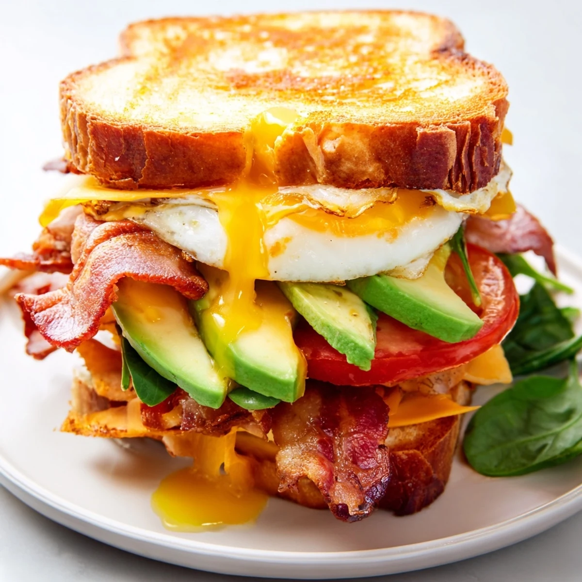 A toasted Loaded Breakfast Sandwich with crispy bacon, creamy avocado, melty cheddar, and a sunny-side-up egg on sourdough.