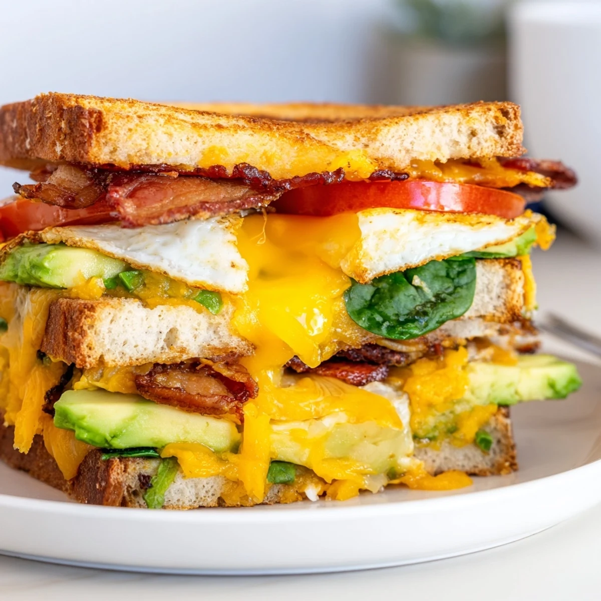 Hearty Loaded Breakfast Sandwich featuring crispy bacon, fresh spinach, and ripe avocado layered on buttery toasted bread.