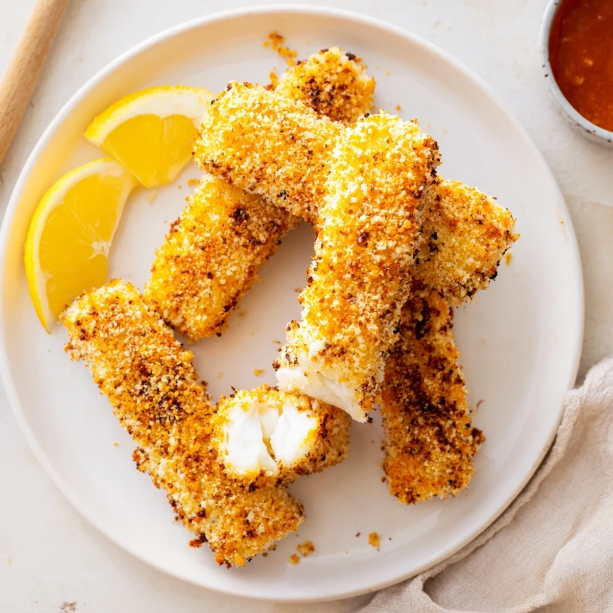 Crispy Panko Halloumi batons with golden, crunchy coating, served with fresh lemon wedges and hot sauce for dipping.  
