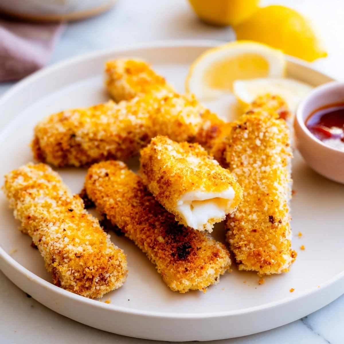 A plate of golden fried Crispy Panko Halloumi with a spicy dipping sauce, perfect for sharing as an appetizer.  