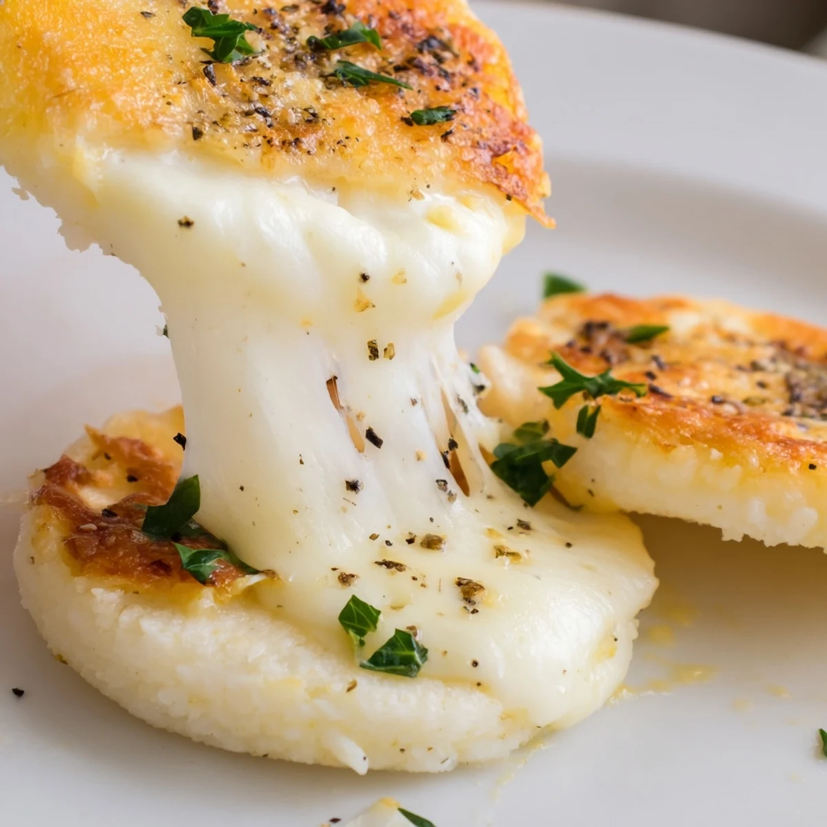 Stacked rice cakes with melted mozzarella and parmesan, topped with fresh parsley and chili flakes for flavor.