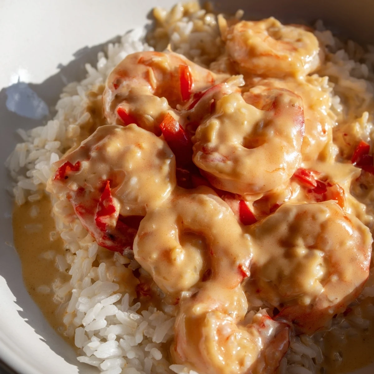 Creamy Cajun Shrimp Rice Bowl served in a white bowl with fragrant jasmine rice and fresh parsley garnish
