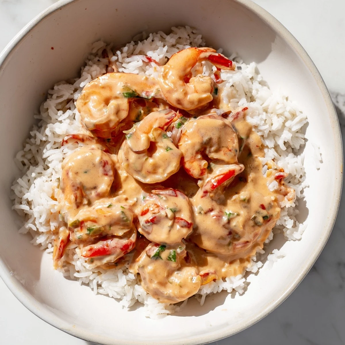 A skillet of Creamy Cajun Shrimp Rice Bowl with succulent shrimp in a rich, spicy sauce next to lemon wedges