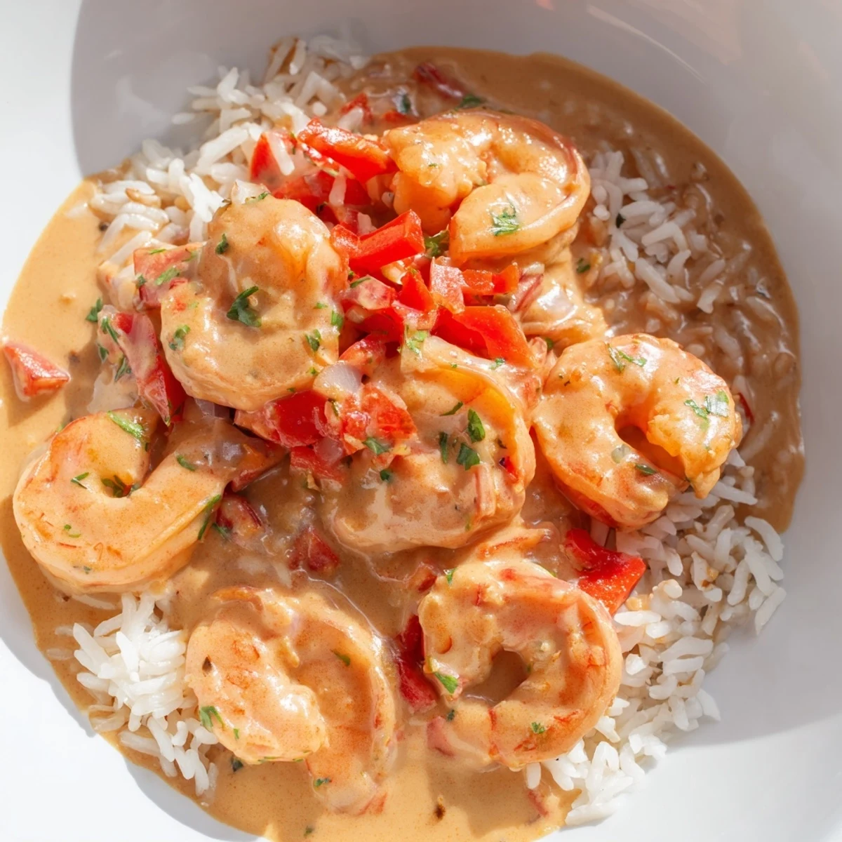 Plated Creamy Cajun Shrimp Rice Bowl with fluffy rice, shrimp, and red bell peppers, ready to enjoy for dinner