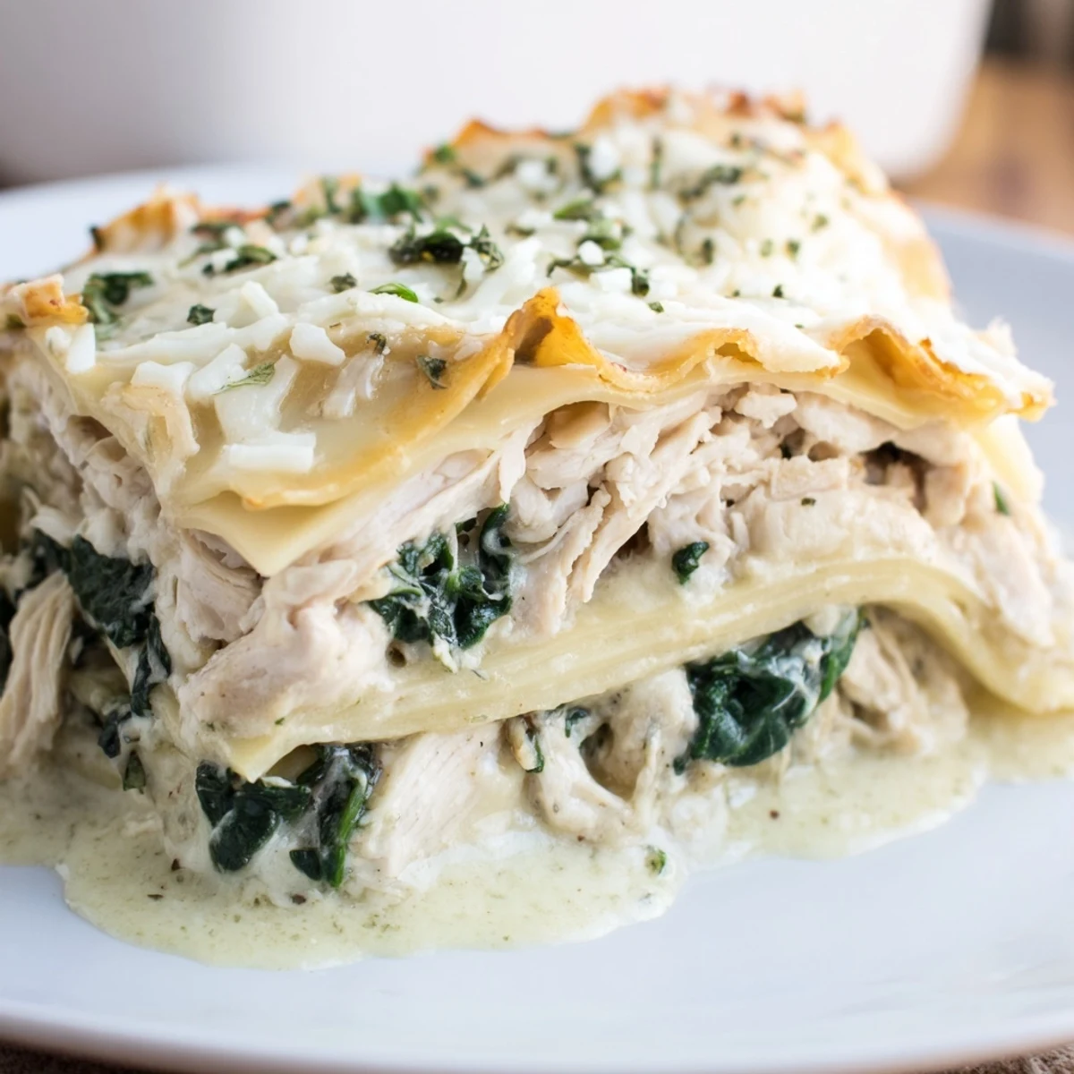 A close-up slice of Chicken Alfredo Lasagna reveals creamy ricotta, wilted spinach, and generous shreds of melted cheese.