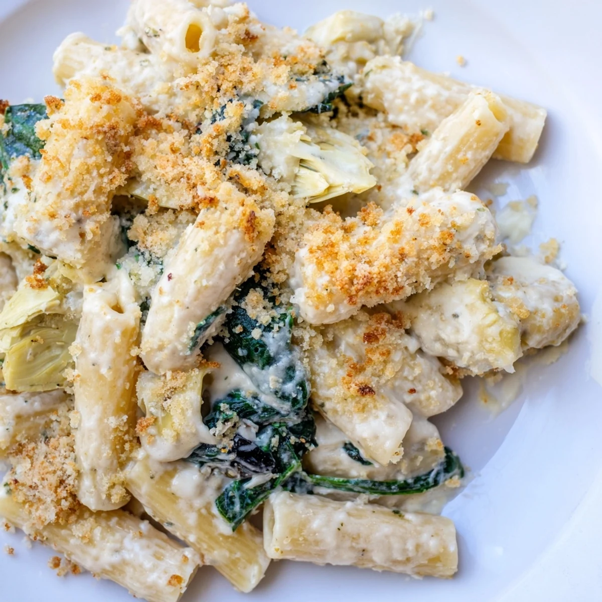 Serving suggestion for Artichoke Pasta Bake, portioned into a bowl with extra Parmesan, ready to pair with a crisp white wine.