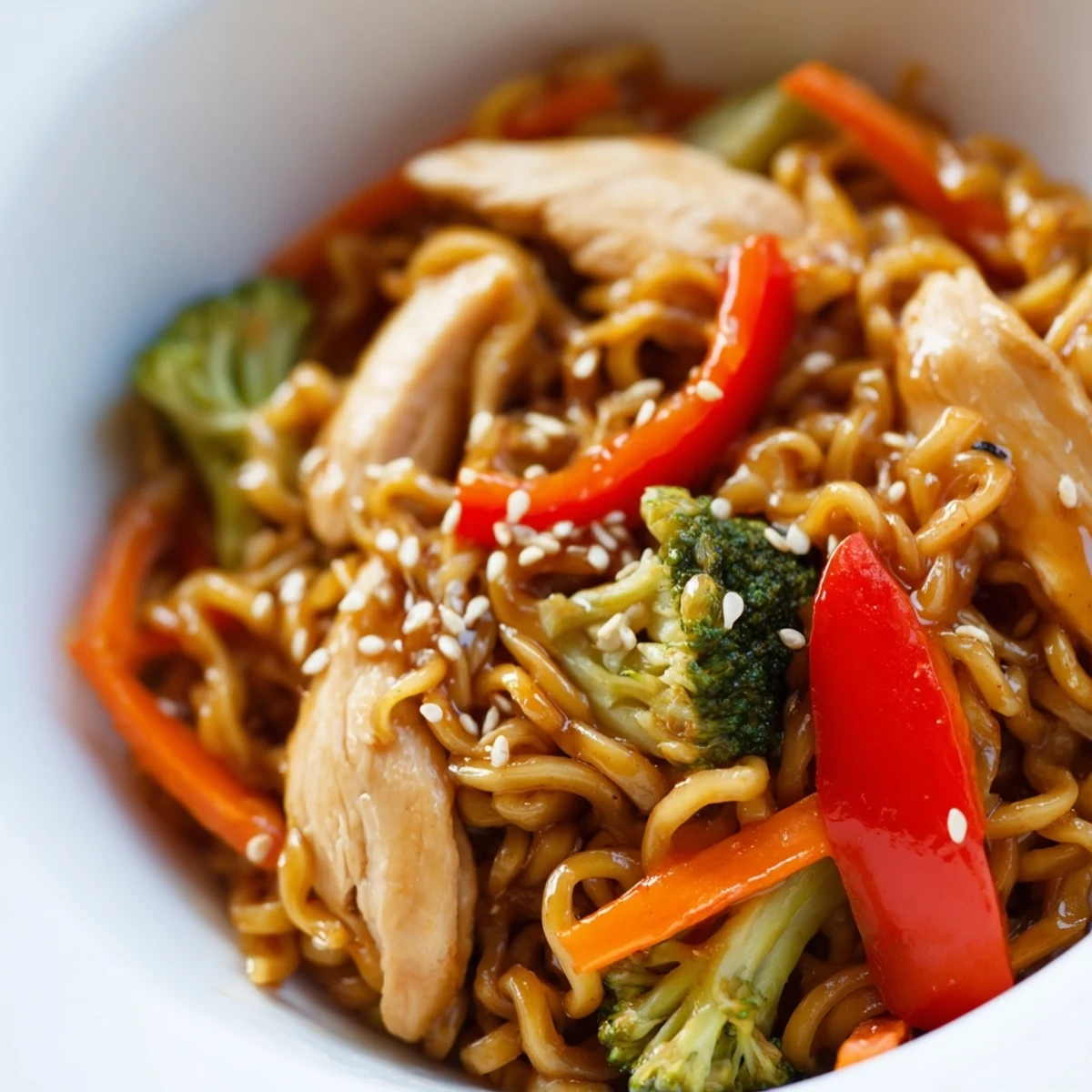 Plate of spicy ramen stir-fry garnished with sesame seeds and green onions, showcasing vibrant vegetables and saucy noodles.
