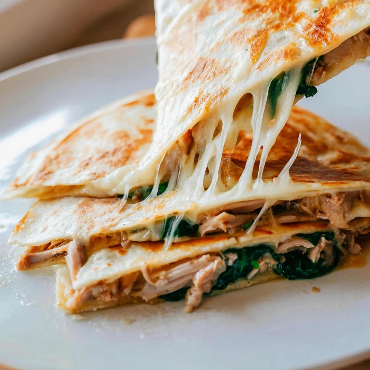 Golden-brown Chicken and Spinach Quesadilla wedges, filled with melted mozzarella and served with a side of fresh pico de gallo.