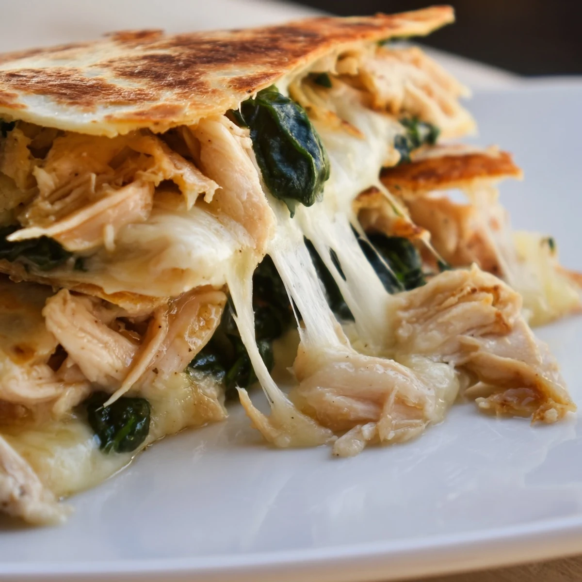 Warm Chicken and Spinach Quesadilla resting on a wooden board, steam rising from the gooey mozzarella and seasoned chicken filling.