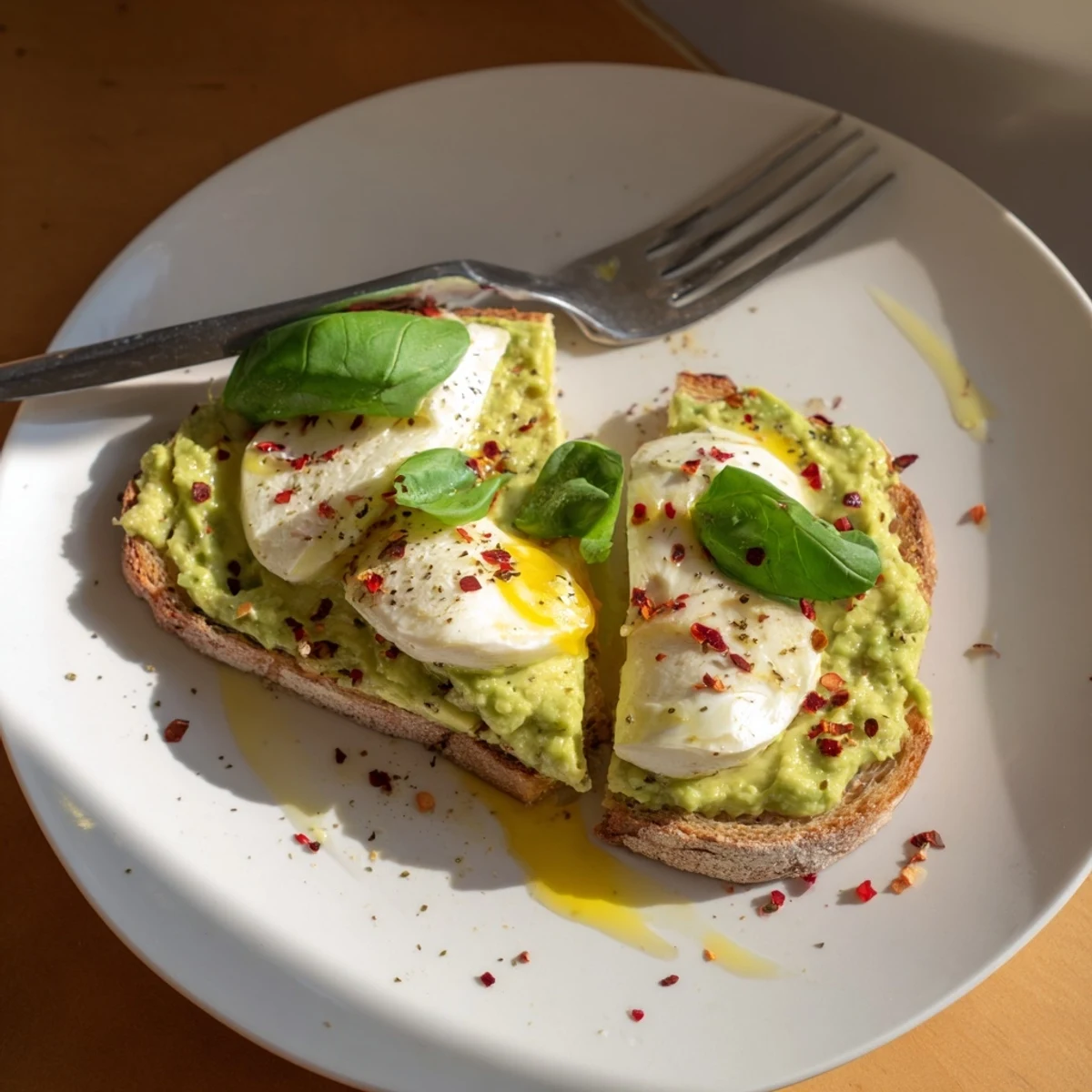 Golden melted mozzarella blankets creamy smashed avocado on crisp toasted sourdough, garnished with fresh basil leaves.  