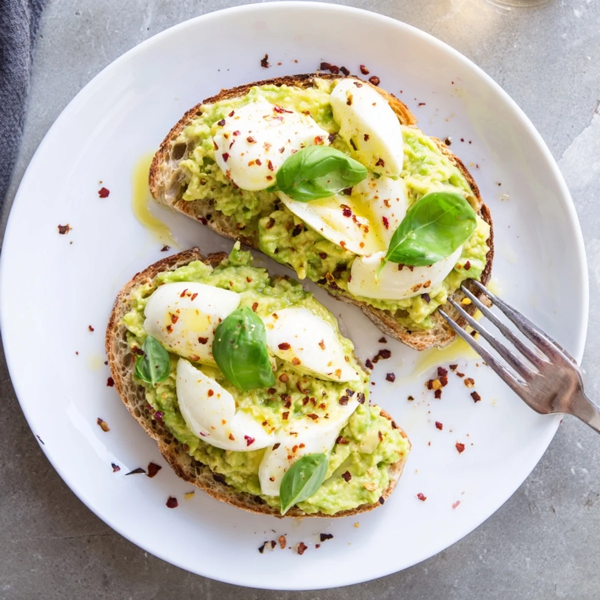 A vibrant open-faced avocado mozzarella tartine served warm with olive oil drizzle, perfect for quick lunches.  