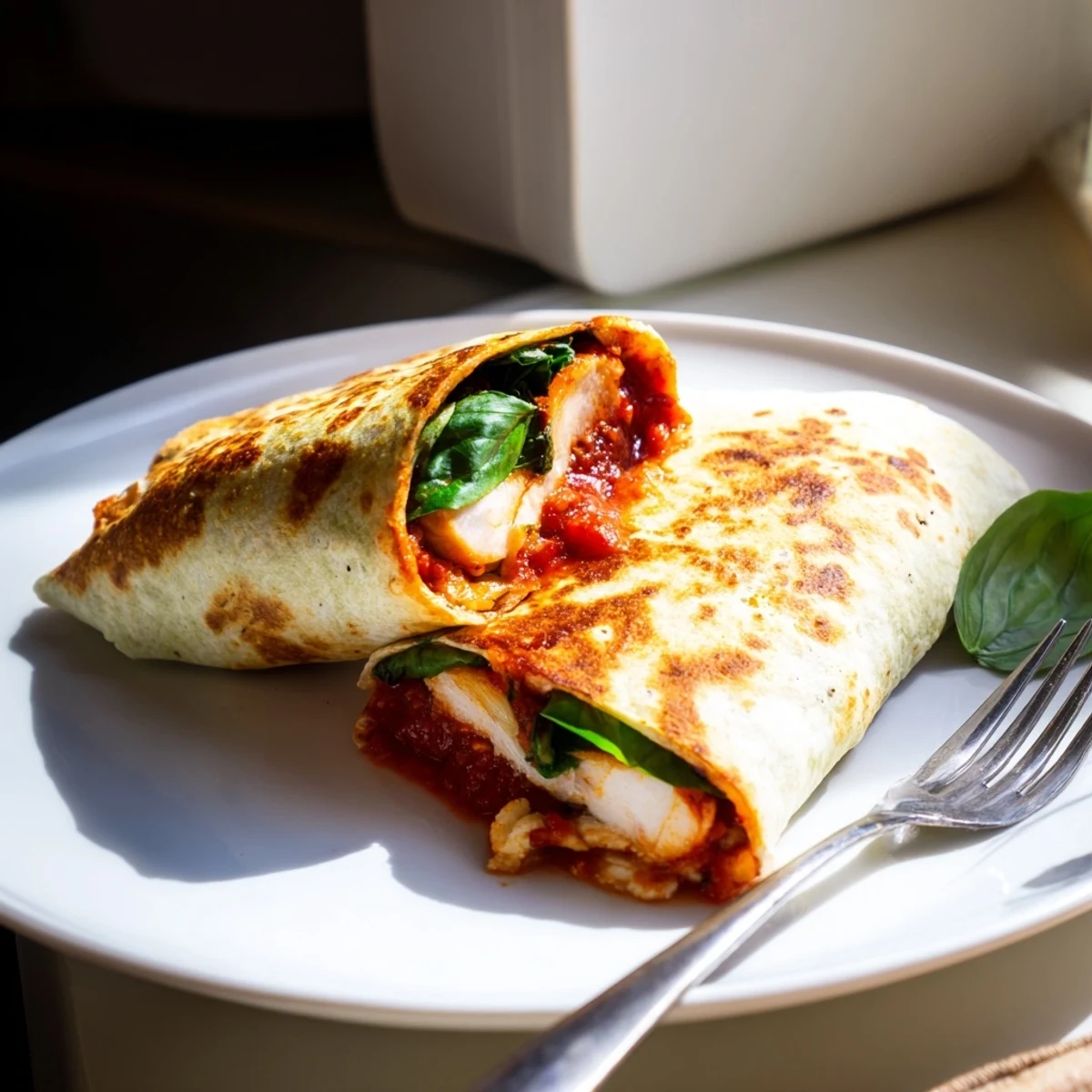 A close-up of a Crispy Chicken Parm Wrap, golden-brown tortilla rolled tight, cut to reveal juicy breaded chicken and melted mozzarella.