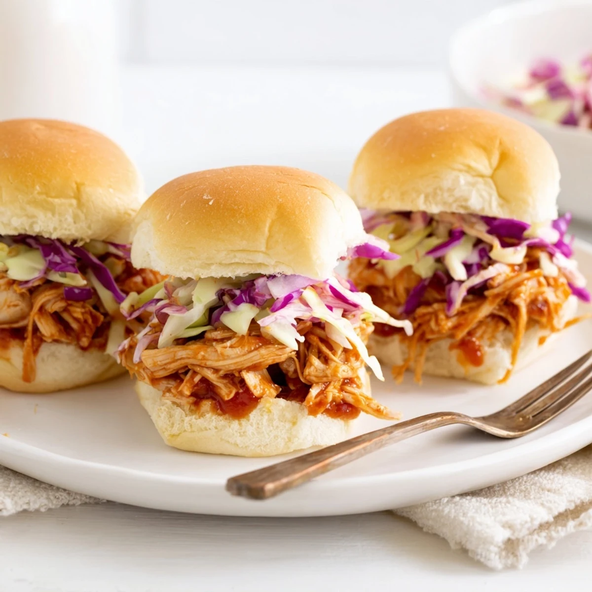 Golden, toasted mini buns cradle tender pulled BBQ chicken and a colorful, crunchy slaw, ready for a game day spread.  