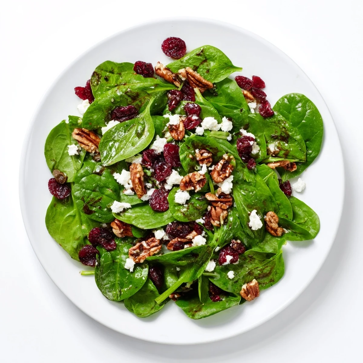 A vibrant Spinach Goat Cheese Salad with creamy crumbles, sweet cranberries, and crunchy candied pecans tossed in tangy balsamic vinaigrette.