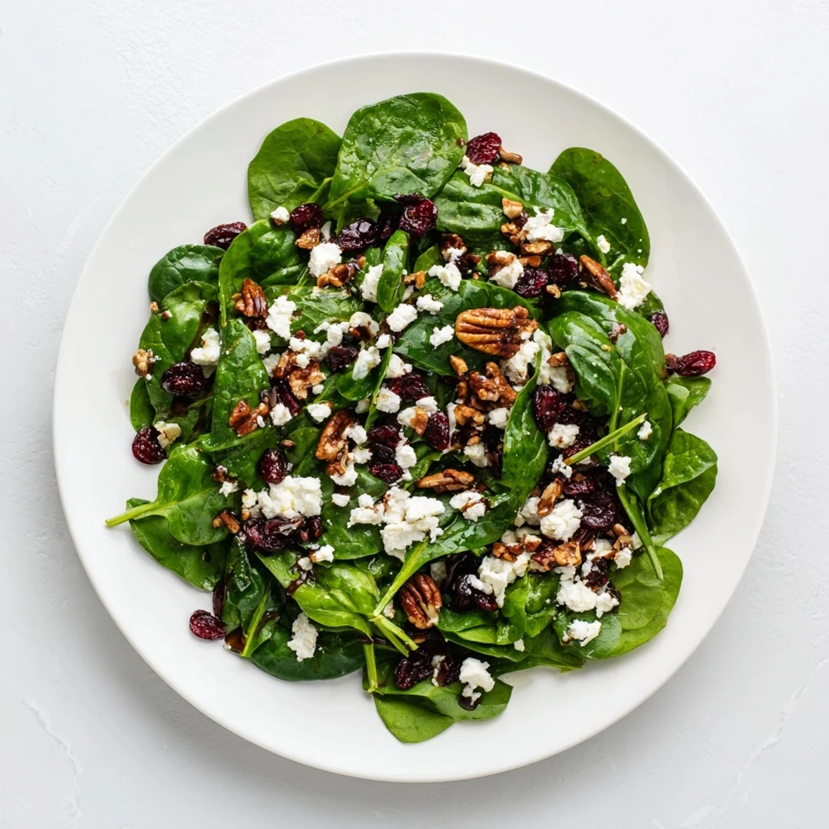 Fresh Spinach Goat Cheese Salad served in a white bowl, garnished with chopped pecans and dried cranberries for a colorful, healthy lunch.