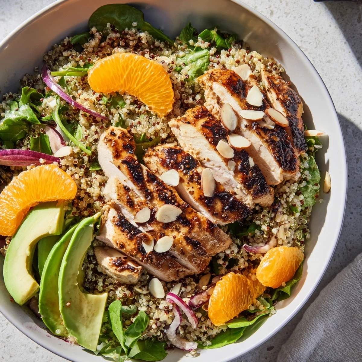 The Citrus Herb Chicken Salad Bowl features fluffy quinoa, fresh greens, and crunchy toasted almonds.