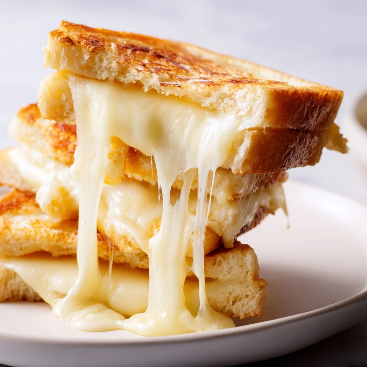 Golden-brown sourdough grilled cheese slices stuffed with crispy mozzarella sticks and oozing melted cheese on a rustic cutting board.