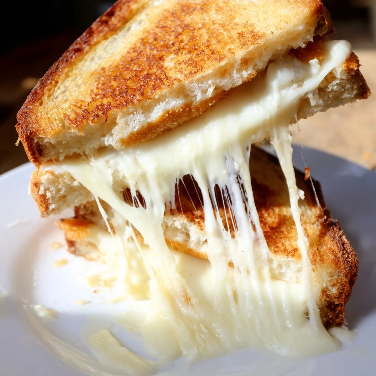 Two halves of a mozzarella stick grilled cheese reveal gooey, melty cheese pull and crispy mozzarella sticks, served with red marinara dip.